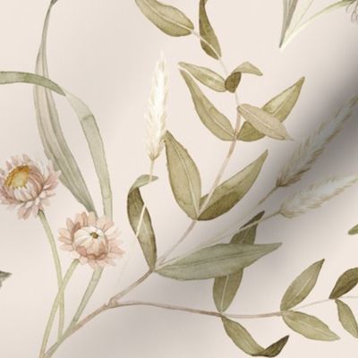 Everlasting Flora - Dried Flower and Leaves Spaced Pattern - Blush BG