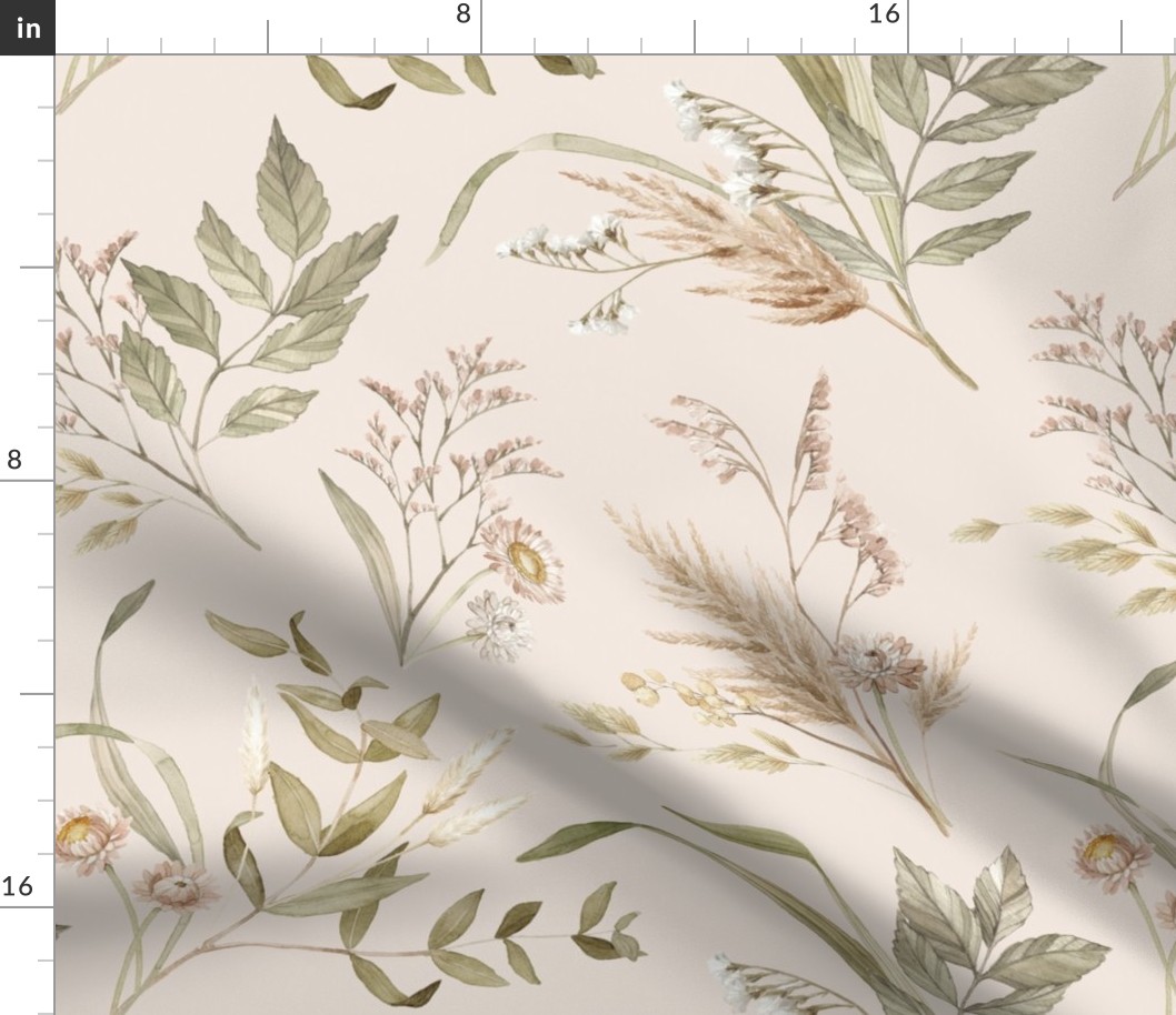 Everlasting Flora - Dried Flower and Leaves Spaced Pattern - Blush BG