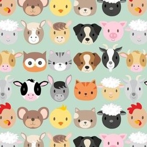 farm animal faces on green background