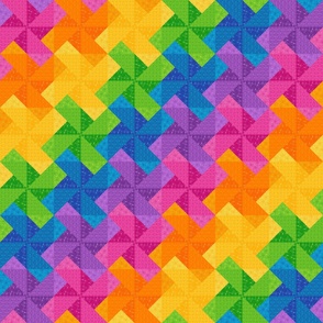 Rainbow Pinwheel Cheater Quilt Top – Crafting Notions – Patchwork Triangle Scissors Buttons Needle & Thread Quilt Design