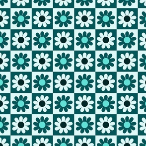 Checkered board with flowers - Green monochrome