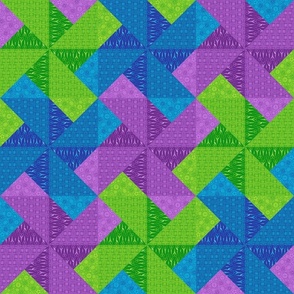 Cool Pinwheel Cheater Quilt Top – Purple Blue & Green - Patchwork Triangle Scissors Buttons Needle & Thread Quilt Design