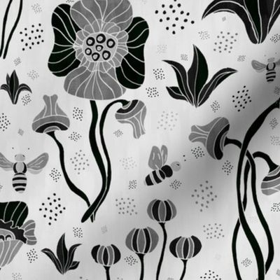 Flowers and Bees Pattern Black and White
