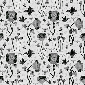 Flowers and Bees Pattern Black and White