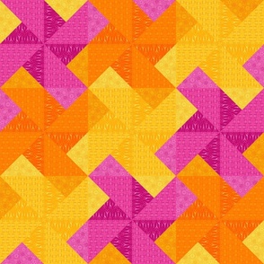 Warm Pinwheel Cheater Quilt Top – Pink Orange & Yellow - Patchwork Triangle Scissors Buttons Needle & Thread Quilt Design