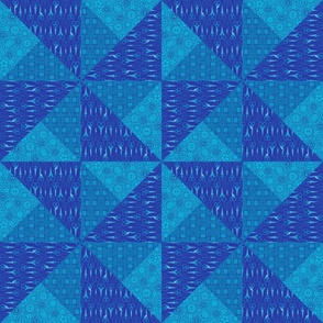 Blue Pinwheel Cheater Quilt Top – Patchwork Triangle Scissors Buttons Needle & Thread Quilt Design