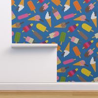 Icecream and lolly scatter on mid blue - large scale by Cecca Designs