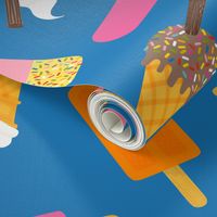 Icecream and lolly scatter on mid blue - large scale by Cecca Designs