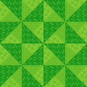 Green Pinwheel Cheater Quilt Top – Patchwork Triangle Scissors Buttons Needle & Thread Quilt Design