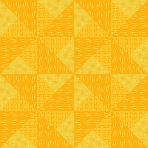 Yellow Pinwheel Cheater Quilt Top – Patchwork Triangle Scissors Buttons Needle & Thread Quilt Design