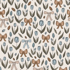 Small, Neutral Tulips and Bows, Floral, Flowers |  Beige, Cream, Blue and Mustard Gold