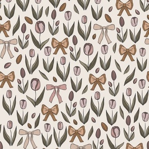 Small, Neutral Pink Tulips and Bows, Floral, Flowers |  Beige, Cream, Green and Mustard Gold