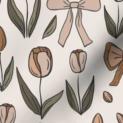 Large, Neutral Tulips and Bows, Floral, Flowers |  Beige, Cream, Green and Mustard Gold