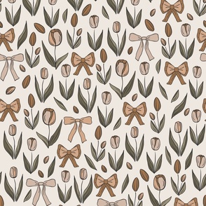 Large, Neutral Tulips and Bows, Floral, Flowers |  Beige, Cream, Green and Mustard Gold