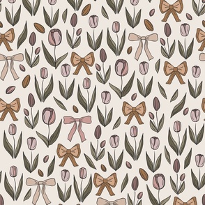Large, Neutral Pink Tulips and Bows, Floral, Flowers |  Beige, Cream, Green and Mustard Gold