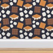 Treat Yourself Delicious S'mores with Marshmallows, Chocolate, and Graham Crackers - Textured Charcoal Background - Large Scale - Fun Summer Camp and Cookout Design