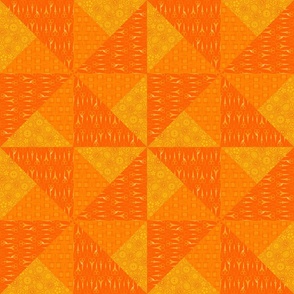 Orange Pinwheel Cheater Quilt Top – Patchwork Triangle Scissors Buttons Needle & Thread Quilt Design