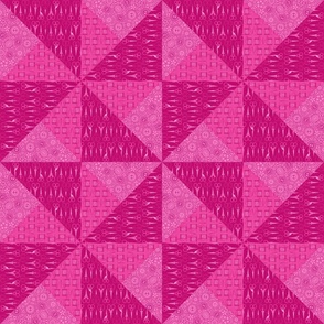 Pink Pinwheel Cheater Quilt Top – Patchwork Triangle Scissors Buttons Needle & Thread Quilt Design