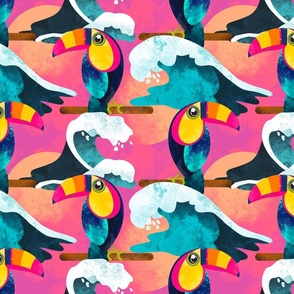 Pink & Peach Tropical Toucan Birds Jungle Beach Aesthetic Pattern With Blue Ocean Waves