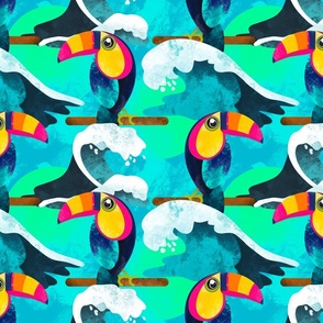 Turquoise Teal Tropical Toucan Birds Jungle Beach Aesthetic Pattern With Blue Ocean Waves 