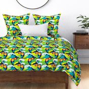 Bright Yellow Green Tropical Toucan Birds Jungle Beach Aesthetic Pattern With Blue Ocean Waves