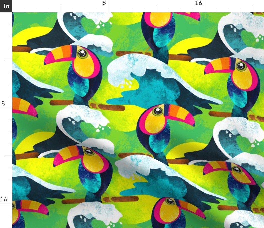 Bright Yellow Green Tropical Toucan Birds Jungle Beach Aesthetic Pattern With Blue Ocean Waves