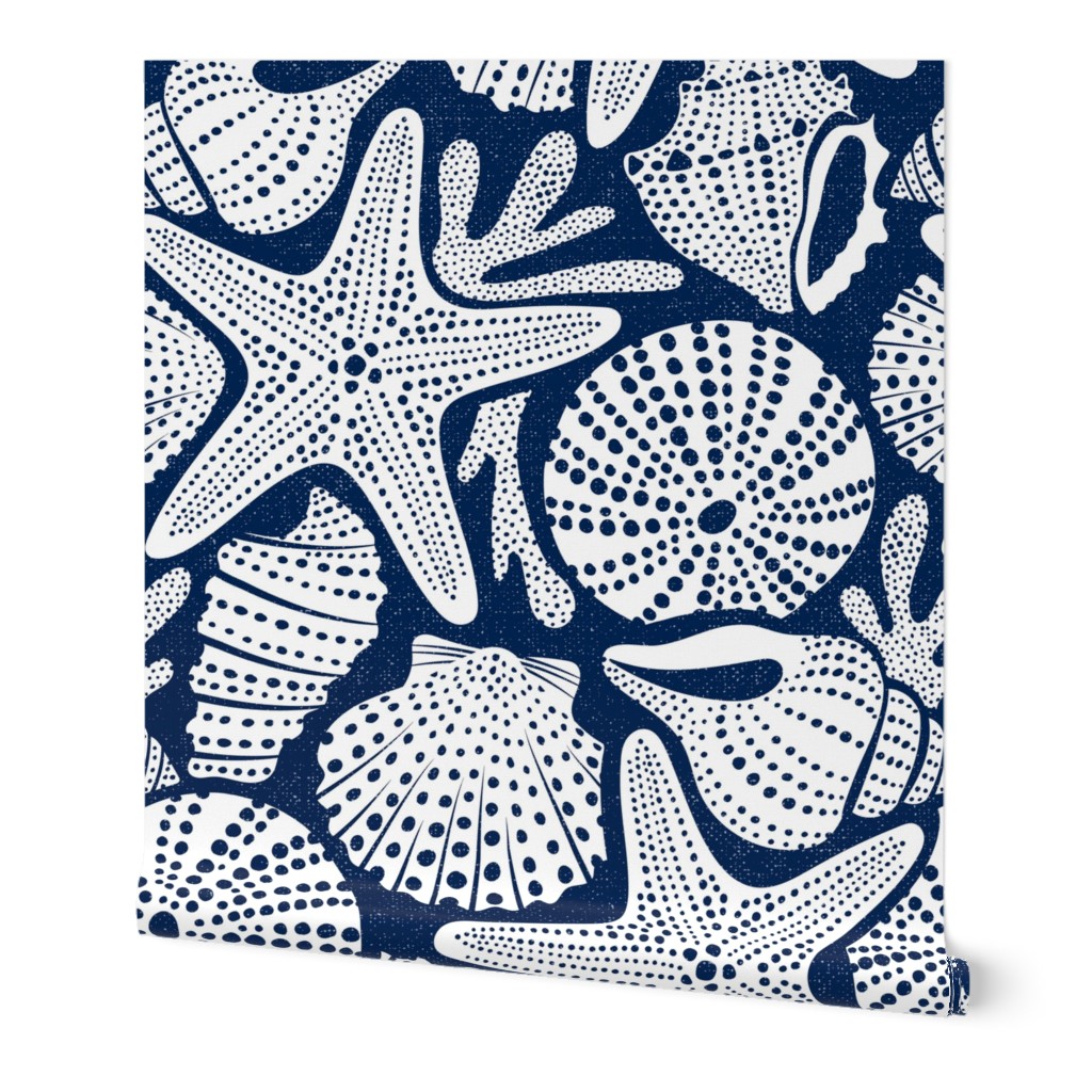 Ocean Floor - Summer Nautical Seashells Navy White Large