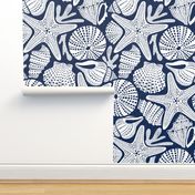 Ocean Floor - Summer Nautical Seashells Navy White Large