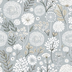 Dandelion Light Gray Garden: A Floral Wallpaper with White Blossoms and Beige Stems Flowers Dreamy