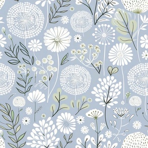 Blue Sage Green Dandelion Field: Floral Wallpaper with White Blooms Daisy Flowers Dress Print