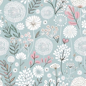 Blush Pink and Light Blue Dandelion Garden: Floral Wallpaper with Soft Pink Accents