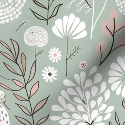 Sage Green Blue Dandelion Field: Floral Wallpaper with White Blooms and Blue Hues 