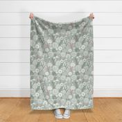 Sage Green Blue Dandelion Field: Floral Wallpaper with White Blooms and Blue Hues 