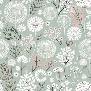 Sage Green Blue Dandelion Field: Floral Wallpaper with White Blooms and Blue Hues 