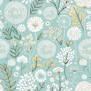 Wam Aqua Blue and Gold Dandelion Delight: White Floral Daisy Wallpaper with Yellow Highlights Flowers