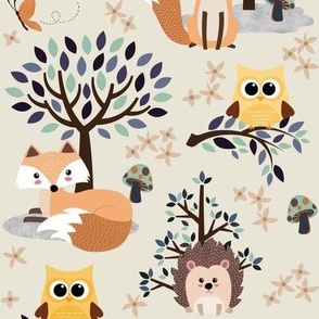 Woodland Summer – Forest Animals, cream green blue yellow orange, MEDIUM