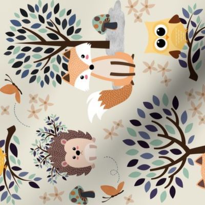 Woodland Summer – Forest Animals, cream green blue yellow orange, MEDIUM ROTATED