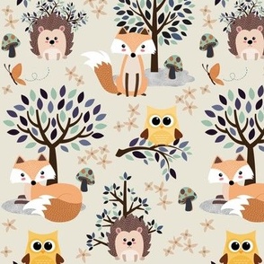 Woodland Summer – Forest Animals, cream green blue yellow orange, SMALL