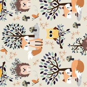 Woodland Summer – Forest Animals, cream green blue yellow orange, SMALL, ROTATED