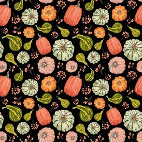Hand Drawn Watercolor Fall Fabric with Pumpkins and Gourds on Black  9x9