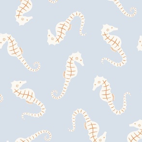 Ocean Party: Hand-Drawn White Seahorses on a Baby Blue Background BIG SCALE