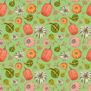 Hand Drawn Watercolor Fall Fabric with Pumpkins and Gourds on Pastel Bright Green 9x9