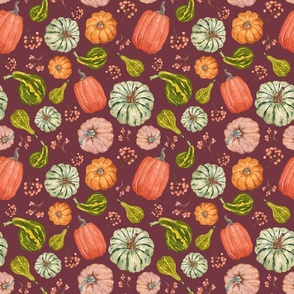 Hand Drawn Watercolor Fall Fabric with Pumpkins and Gourds on Plum Burgundy 9x9