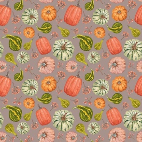 Hand Drawn Watercolor Fall Fabric with Pumpkins and Gourds on Dark Taupe 9x9