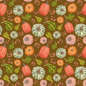 Hand Drawn Watercolor Fall Fabric with Pumpkins and Gourds on Deep Gold 9x9