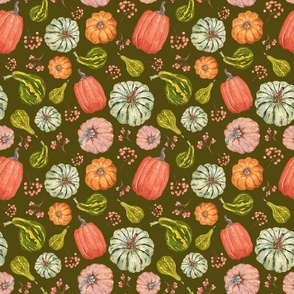 Hand Drawn Watercolor Fall Fabric with Pumpkins and Gourds on Dark Olive 9x9