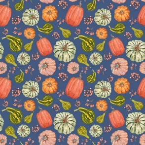 Hand Drawn Watercolor Fall Fabric with Pumpkins and Gourds on Pastel Light Navy 9x9