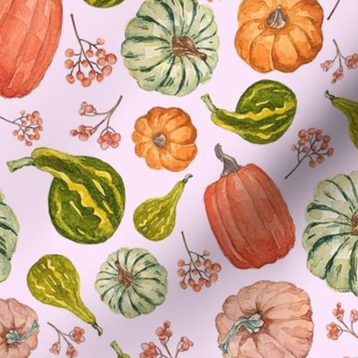 Hand Drawn Watercolor Fall Fabric with Pumpkins and Gourds on Light Pink 9x9