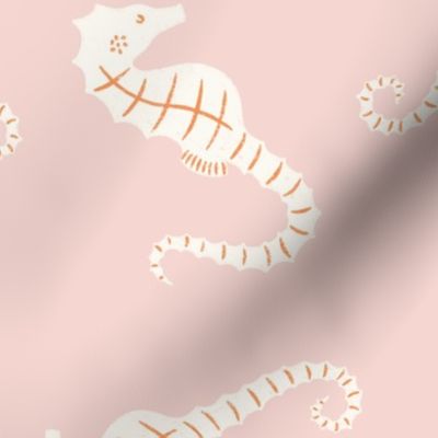 Ocean Party: Hand-Drawn White Seahorses on a Salmon Pink Background BIG SCALE