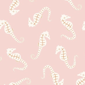Ocean Party: Hand-Drawn White Seahorses on a Salmon Pink Background BIG SCALE